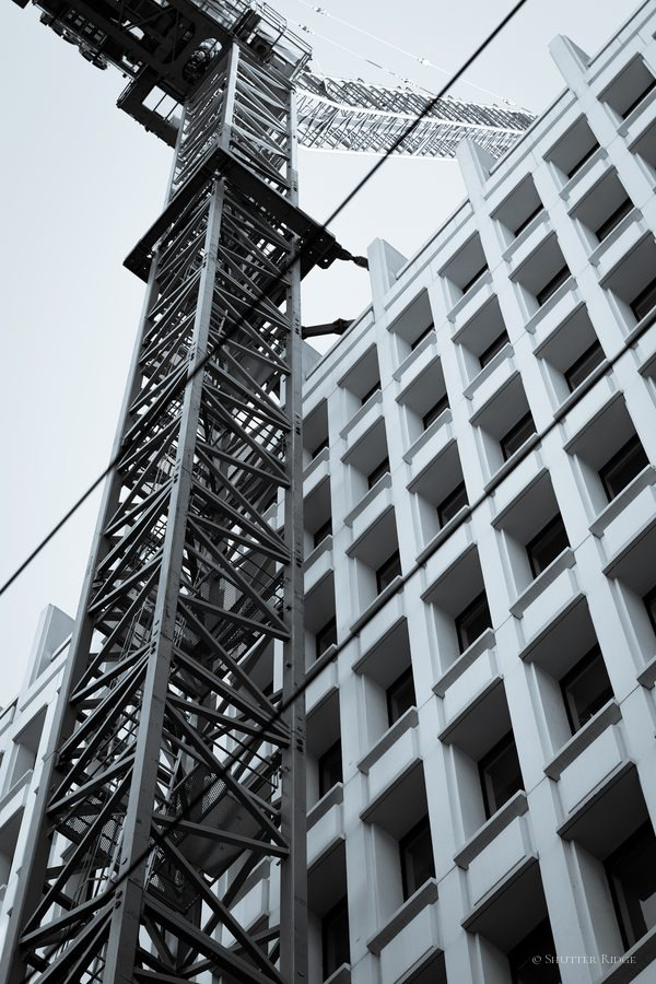 Tower crane rising against a modernist grid facade, black and white