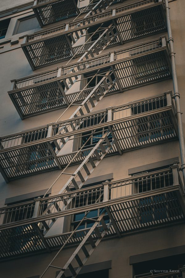 Zigzag fire escape on a building facade