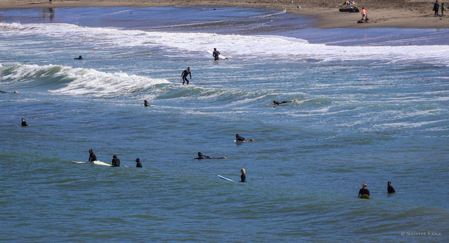 Surfers waiting in the waves at Ocean Beach