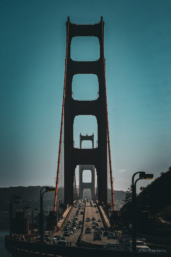Bridge tower seen head-on down the roadway